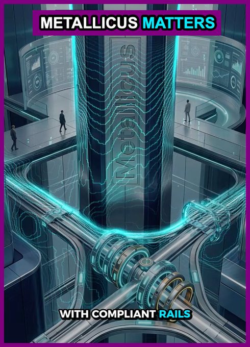 The image shows a futuristic cityscape with tall buildings and a large blue pipe running through the center of the scene. The text "Metallicus Matters" is written above the pipe, indicating that this image is related to the field of Metallics. The caption below the image reads "With Compliant Rails", suggesting that compliance is an important aspect in the development and use of digital assets.