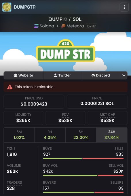 A cryptocurrency token page for 'DUMPSTR' on the Solana network via Meteora, showing a price of $0.0009423, a market cap of $539K, and a warning that 'This token is mintable'.