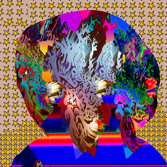 A vibrant, psychedelic portrait illustration of a figure with flowing multicolored hair against a star-patterned background, rendered in a trippy, abstract style.