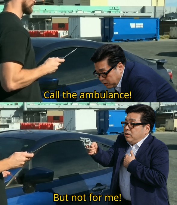 The image is a two-panel meme featuring a man in a suit and glasses pointing a revolver at another person holding a knife, with yellow text reading "Call the ambulance!" in the top panel and "But not for me!" in the bottom panel. The meme humorously illustrates bullish conviction, relating to the post's declaration that investor Tom Lee would buy more Ethereum only after it reclaims his cost basis—reflecting a willingness to endure short-term pain for long-term gains.