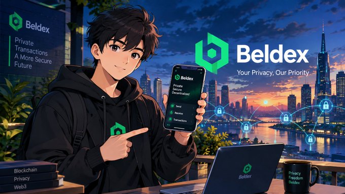 Promotional graphic for Beldex cryptocurrency featuring an anime-style character holding a phone displaying the app, with the tagline 'Your Privacy, Our Priority' against a city skyline.