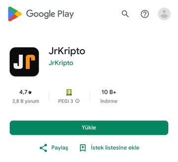 The image shows the Google Play Store listing for the "JrKripto" app, which has a 4.7-star rating from 2,800 reviews, a PEGI 3 age rating, and over 10 million downloads, with a "Yükle" (Install) button in Turkish. The post promotes downloading this app to access an exclusive chat group for cryptocurrency trading tips and 24/7 Q&A support.
