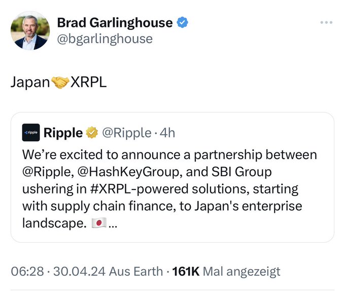 Brad Garlinghouse (@bgarlinghouse) tweets "Japan 🤝XRPL" while sharing a Ripple announcement about a new partnership between Ripple, HashKey Group, and SBI Group to bring XRPL-powered supply chain finance solutions to Japan's enterprise market, garnering 161K views on April 30, 2024.