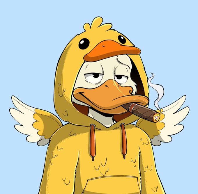 A cartoon illustration depicts a character wearing a yellow duck hoodie with small wings, smoking a lit cigar with a tired, half-lidded expression against a blue background.