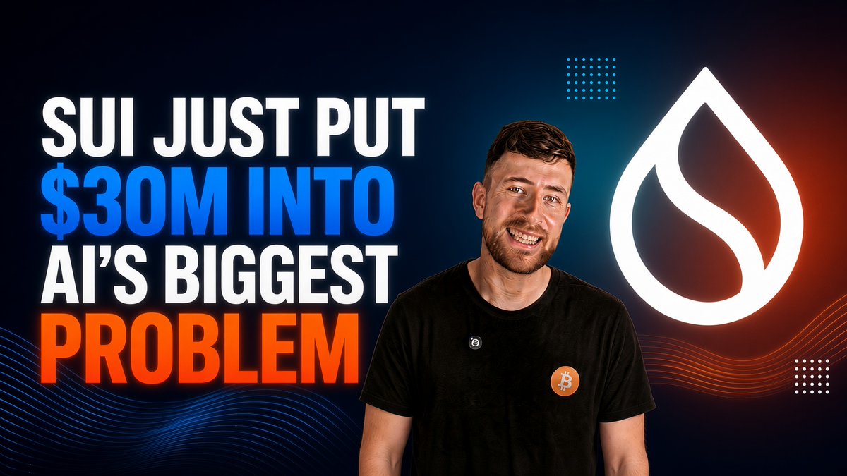 A YouTube thumbnail shows a man smiling next to large text reading 'SUI JUST PUT $30M INTO AI'S BIGGEST PROBLEM', with a Sui (water drop) logo in the background.