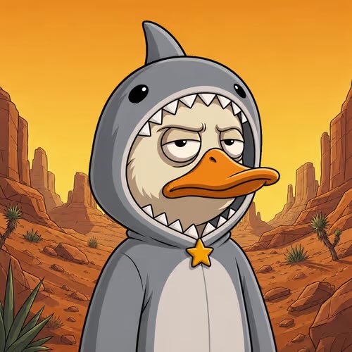 A cartoon illustration of a grumpy-looking duck or bird character wearing a grey shark hoodie with a yellow star, standing against a desert canyon background with an orange sky.