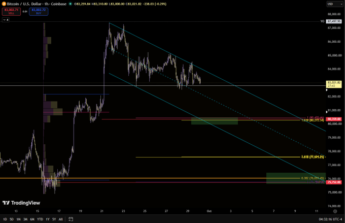 A Bitcoin/USD 1-hour candlestick chart on Coinbase (TradingView) showing BTC around $81,259.84, with descending parallel channel lines drawn from recent highs and horizontal support/resistance levels marked near $79,650, $77,400, and $75,752.