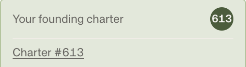 A digital "Founding Charter" certificate displaying "Charter #613" with a green numbered badge in the corner, representing one of the 400 @standard_rsv Founding Charters that sold out at 1.24 ETH.