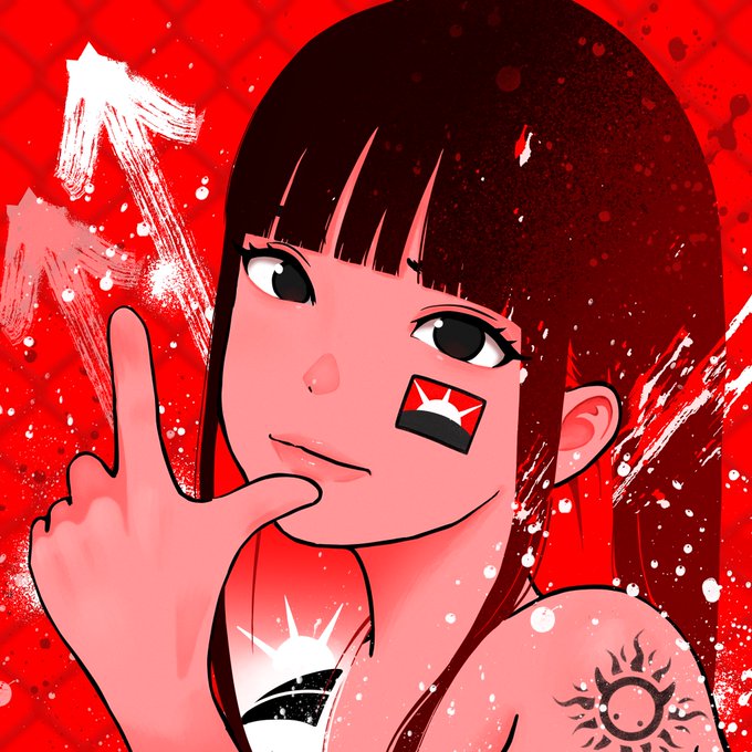 An anime-style digital illustration of a girl with dark hair and a red and white symbol painted on her cheek, holding her finger up against a textured red background with white splashes and arrows.
