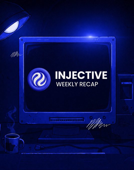 The image features an old computer monitor with a logo for "Injective" written on it, along with the words "Happy Sunday and happy new week champs @injective has been cooking over & over just to bridge the gap between Wall Street & crypto here's a simple and clear weekly breakdown of what happened on Injective last week". The monitor is placed in front of a coffee cup.