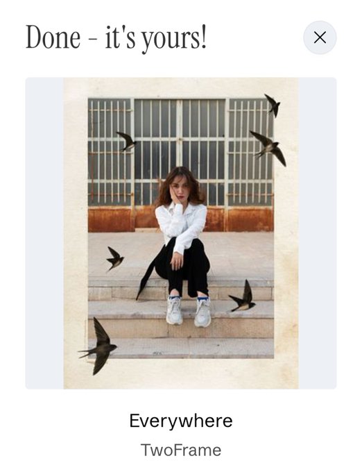 A photo completion screen titled 'Done – it's yours!' displaying an image titled 'Everywhere' by TwoFrame, showing a person in a white shirt and black pants sitting on stone steps surrounded by swallows in flight.