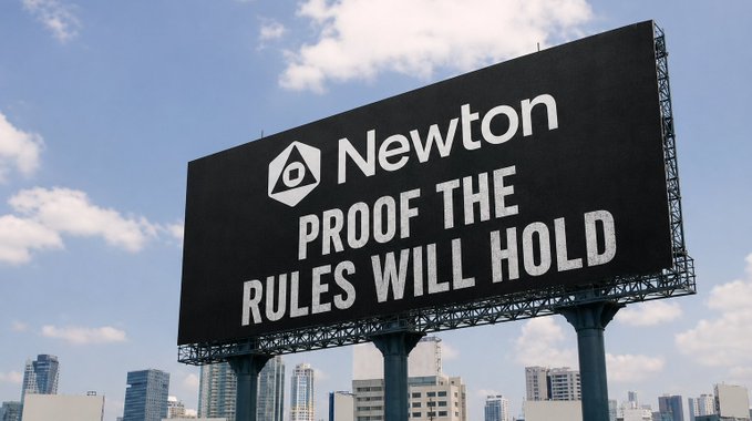 A large black billboard against a partly cloudy blue sky displays the text "Newton PROOF THE RULES WILL HOLD" above a city skyline.