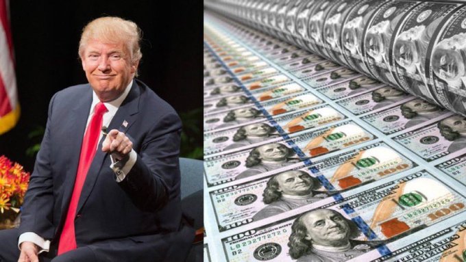 A split-image composition featuring Donald Trump pointing forward on the left, alongside a printed press of U.S. one hundred dollar bills on the right, with rolls of the currency stacked above the sheets.