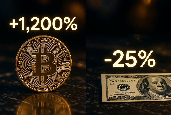 Split image comparing Bitcoin with '+1,200%' return against a US $100 bill with '-25%' loss.