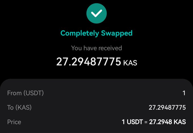 A cryptocurrency swap confirmation screen showing 'Completely Swapped' with a receipt of 27.29487775 KAS received from 1 USDT, at a rate of 1 USDT = 27.2948 KAS.
