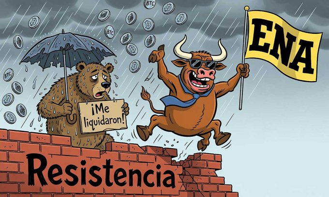 A cartoon illustration featuring a bearish bear holding an umbrella and a sign reading '¡Me liquidaron!' standing on a brick wall labeled 'Resistencia', while a bullish cow with sunglasses runs past carrying a flag labeled 'ENA' as coins fall from the sky.