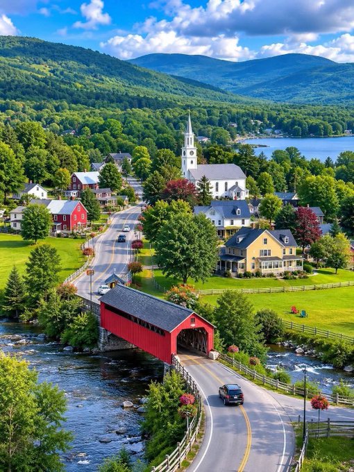 A picturesque aerial view of a small town featuring a classic red covered bridge crossing a river, with a white church steeple, colorful houses, and a lake surrounded by green mountains in the background.
