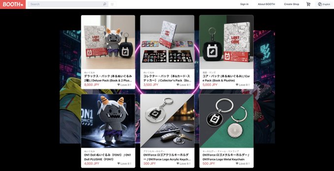The image shows the BOOTH storefront displaying merchandise from the "LOST IN CODE" cyberpunk comic collaboration with the 0N1 Force NFT project, including plushies, collector's packs, and keychains priced in JPY. The featured products—plushie sets, book and plushie bundles, acrylic keychains, and logo metal keychains—showcase physical collectibles tied to the community-driven Web3 manga.