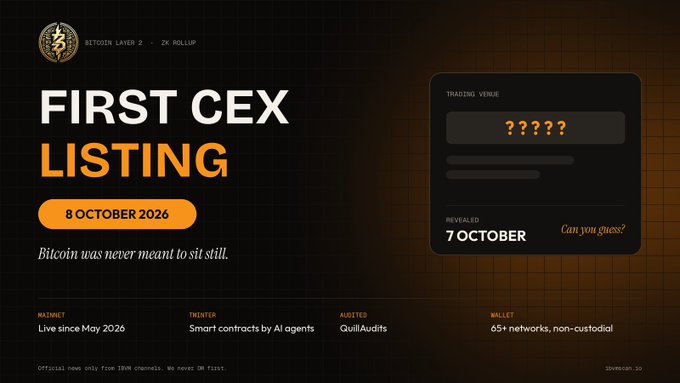 A promotional graphic for a Bitcoin Layer 2 'Zk Rollup' token, announcing a 'FIRST CEX LISTING' on '8 OCTOBER 2026' with the tagline 'Bitcoin was never meant to sit still', featuring details like a 'BullAudits' auditor and a non-custodial wallet supporting 65+ networks.