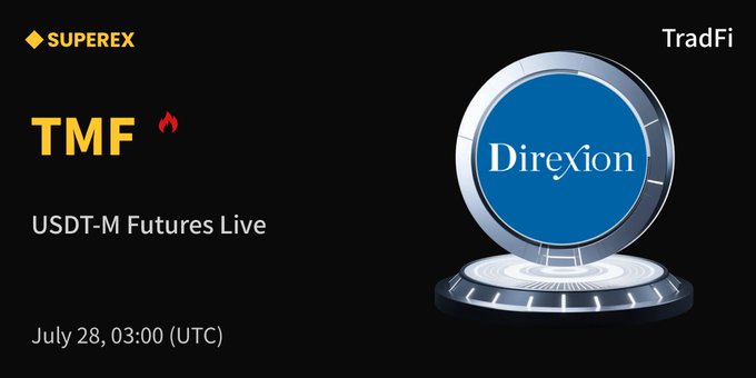 Promotional graphic announcing the launch of TMF (Direxion Daily 20+ Year Treasury Bull 3X ETF) on SuperEx's USDT-M Futures, available for live trading as of July 28 at 03:00 UTC. The image features the SuperEx logo, "TradFi" label, and a 3D Direxion emblem on a black background.