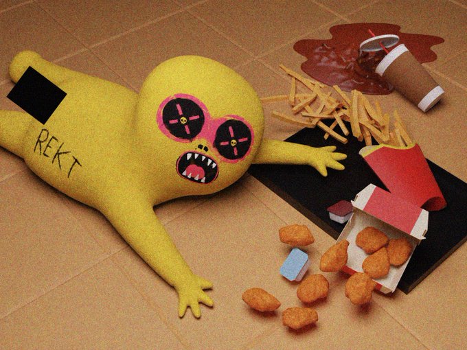 A 3D rendering of a yellow, bean-shaped character with pink gaming-style glasses, lying on a tiled floor with the word 'REKT' on its body, surrounded by spilled chicken nuggets, fries, and a fallen drink cup.