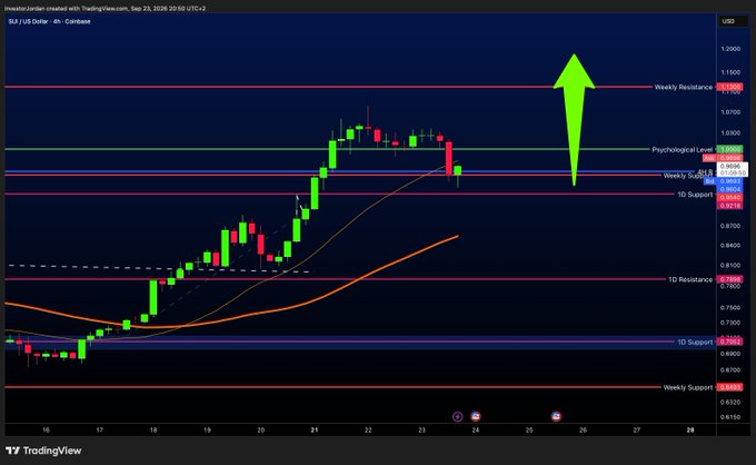 A TradingView chart of SUI/US Dollar (4-hour timeframe) created on September 23, 2026, displays the cryptocurrency's price action with key technical levels marked, including Weekly Resistance near $1.00, Psychological Level at $0.95, Weekly Support at $0.92, 1D Support at $0.91, and 1D Resistance at $0.78. A large green arrow points upward toward the $1.00 Weekly Resistance level, visually reinforcing the post's bullish prediction that SUI will rally to $2+ after defending the weekly support following today's drop.