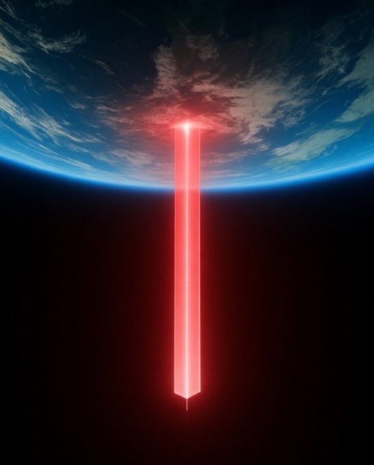A glowing red laser beam shoots from Earth into space against a cosmic backdrop, visualizing the massive price surge investors anticipate for $SPCX following tomorrow's earnings announcement.