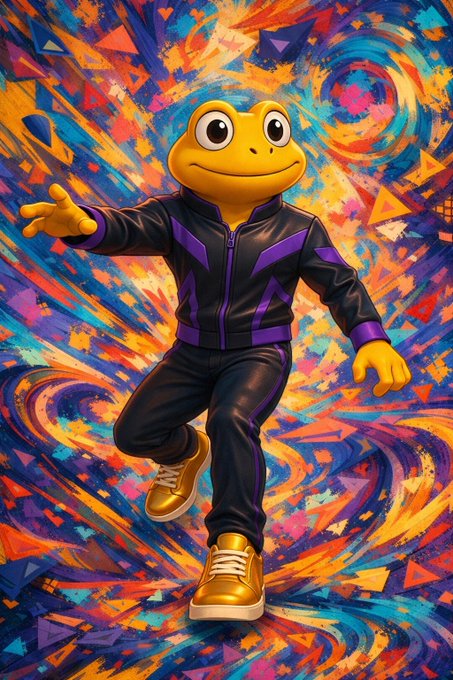 Vibrant digital artwork of a yellow cartoon frog character wearing a black and purple tracksuit with gold sneakers, posed dynamically against a swirling, colorful geometric background.