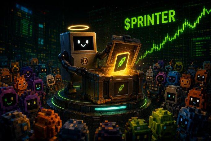 A pixel-art robot with a Bitcoin symbol and halo opens a glowing treasure chest revealing green "$PRINTER" branding, surrounded by an army of smaller bots watching as a stock chart spikes upward in the background. The image visually represents the bullish "$PRINTER" launch narrative, with the central "Bitcoin Machine" character symbolizing innovation on the Robinhood Chain while surrounding bots suggest a growing community momentum.
