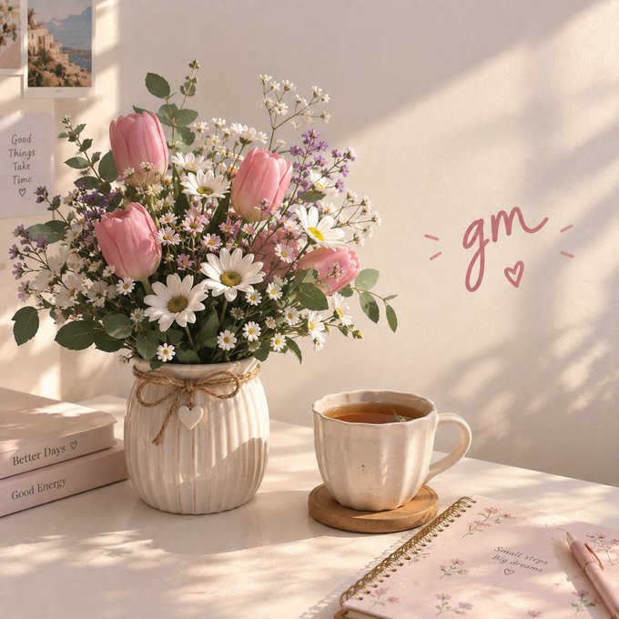 A pastel-toned lifestyle still life featuring a vase of pink tulips and white daisies, a cup of tea, stacked books labeled 'Better Days' and 'Good Energy', and a wall with 'gm' written in pink.