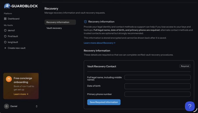 A dark-themed UI screenshot of the GUARDBLOCK 'Recovery' page, with a left sidebar showing Dashboard, vaults (demo1, FirstVault, longVault), and a main panel titled 'Vault Recovery Contact' requiring full legal name, date of birth, and primary phone number, plus a 'Free concierge onboarding' banner.