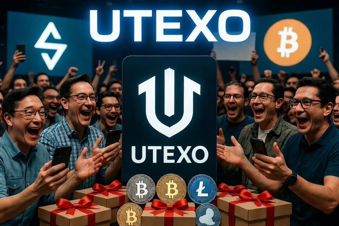 The image features a group of men standing around a table filled with various Bitcoin-related items such as coins, gift boxes, and cell phones. The men are smiling and appear to be celebrating or discussing something related to Bitcoin. In the background, there is a sign that reads "Utexo". This suggests that the gathering might be related to Bitcoin or cryptocurrency events, discussions, or promotions for Utexo's services.