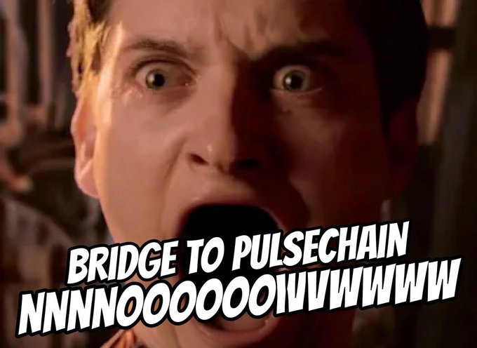 A screaming Tobey Maguire Spider-Man meme is overlaid with text reading "BRIDGE TO PULSECHAIN NNNOOOOOVVVWW," humorously expressing dramatic despair over the prospect of bridging to PulseChain, in contrast with the post's enthusiastic mention of buying PulseChain coins.