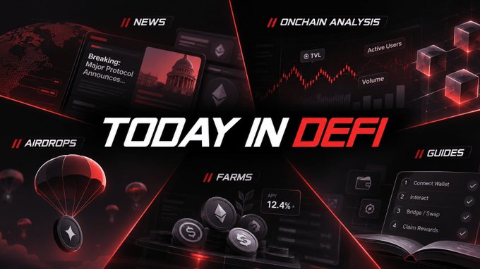 A dark-themed 'Today in DeFi' promotional banner featuring sections for News, Onchain Analysis (with TVL and Volume), Airdrops, Farms (showing APY 12.4%), and Guides.