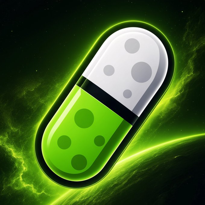 A digital illustration of a green and white pill capsule with gray spots, glowing neon green against a dark space background.