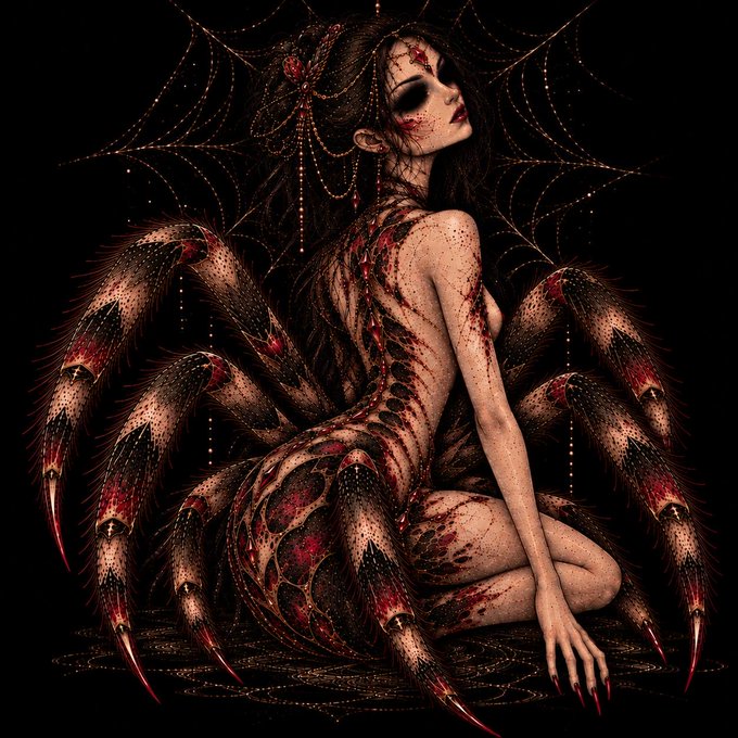 A dark fantasy digital illustration depicts a woman with spider-like legs and a web backdrop, rendered in detailed black and red tones.