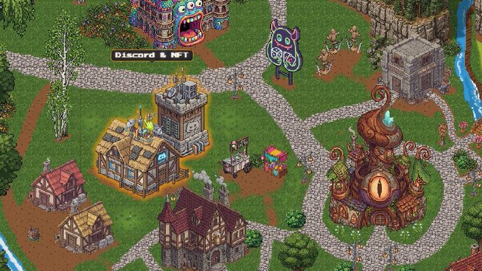 A screenshot from a fantasy village-building video game showing isometric views of various ornate structures, pathways, and characters, with a chat bubble reading 'Discord & NFT' floating above one of the buildings.