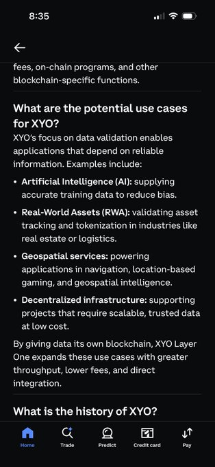 A mobile app screenshot displaying an article about XYO cryptocurrency, titled "What are the potential use cases for XYO?" with sections covering AI, Real-World Assets, geospatial services, and decentralized infrastructure.