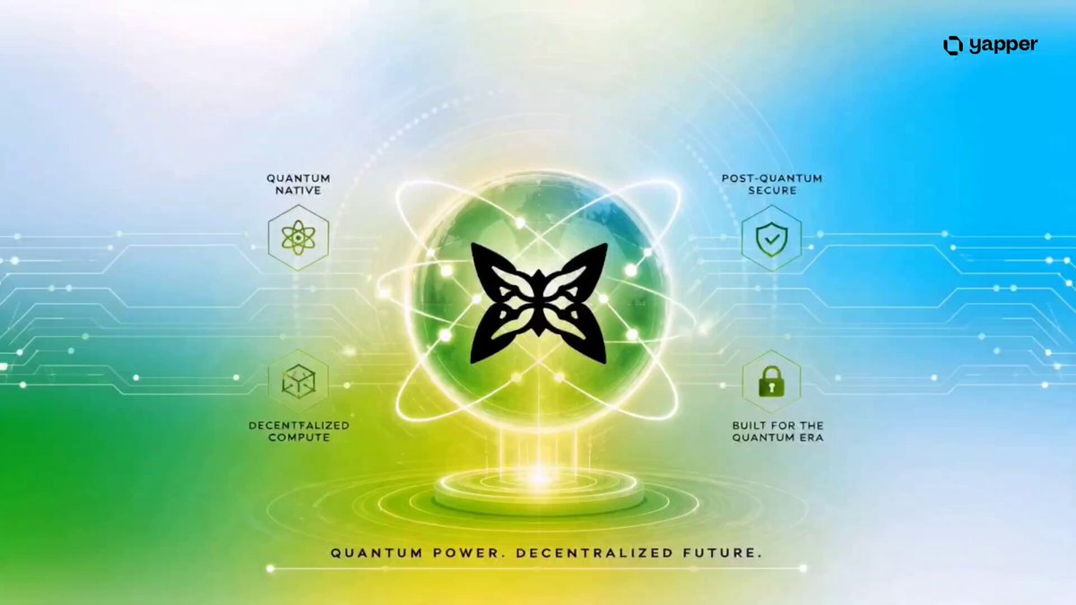 The image features a green butterfly with black wings, which is surrounded by a bunch of particles that are floating around it. The butterfly is positioned at the center of the image, while the particles surround it from all directions. The background of the image is a gradient of blue and white colors, creating an interesting visual effect. The text in the image reads: "Quantum Power Dcganized Future. Quantum Echoes from @quipnetwork flips that script... As every mint ties to a real quantum-hardware event. That stack becomes the backbone for provable-fairness primitives and, post-quantum-secure".