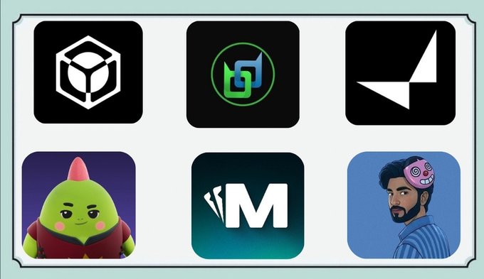 A grid of six mobile app icons displayed on a light background, featuring various logos including a cube, a green and blue symbol, a white geometric shape, a green cartoon character, a white 'M', and a cartoon man's face.