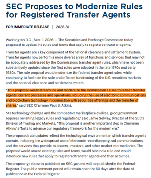 An SEC press release titled 'SEC Proposes to Modernize Rules for Registered Transfer Agents' dated 2026-01-15, with a highlighted portion discussing transfer agent rules and blockchain technology.