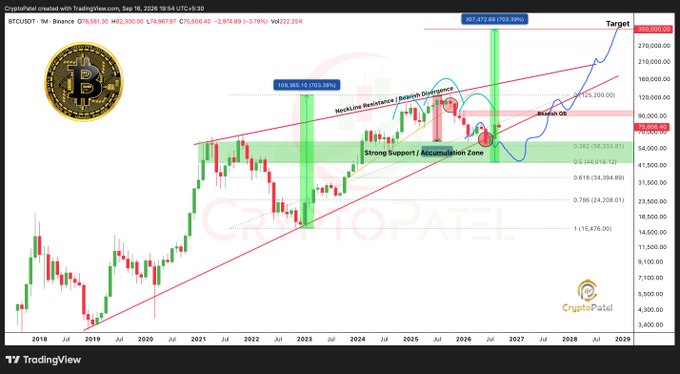 A cryptocurrency trading chart from TradingView titled 'CryptoPatel' shows the BTCUSDT pair with Bitcoin logo, displaying bullish analysis with labels like 'Strong Support / Accumulation Zone,' 'Neckline Resistance / Bearish Divergence,' and 'Bullish Scenario,' projecting a target around $407,072.69.