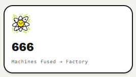 A card displays "666" with the caption "Machines Fused → Factory," accompanied by a radiation symbol icon, humorously marking the milestone of 666 machines burned as referenced in the post.