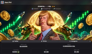 A meme-style image featuring Jean-Phi with rocket ships, coins, green candles, and a golden moon background, with the ticker 'JEANPHI / SOL' shown above.