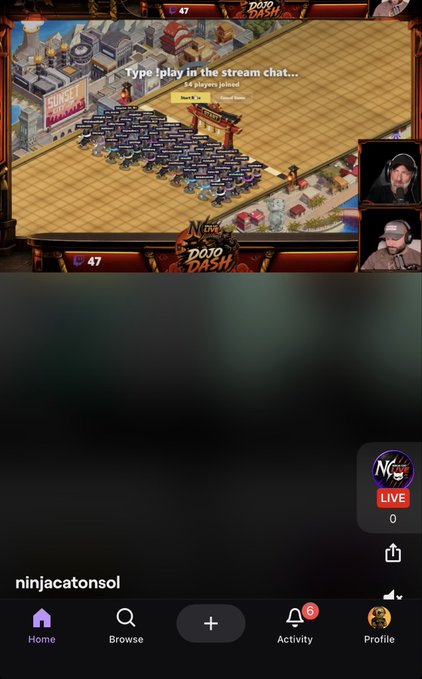 A livestream screenshot of a casino game called 'DOJO DASH' showing a stream chat prompting 'Type !play in the stream chat...' with 14 players joined, alongside two streamer webcam views and the username 'ninjacatonsol' visible.