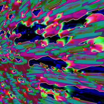 A colorful abstract digital artwork with vibrant glitch-like horizontal patterns in neon green, magenta, blue, and yellow colors.