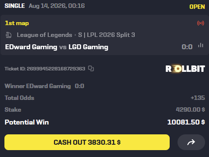 A Rollbit betting slip showing a single wager on EDward Gaming vs LGD Gaming (LPL 2026 Split 3) for 4290.00 with +135 odds and a potential win of 10081.50, with a 3830.31 cash-out option—matching the "Small degen on EDG" caption by highlighting the risky high-stakes bet on Edward Gaming.