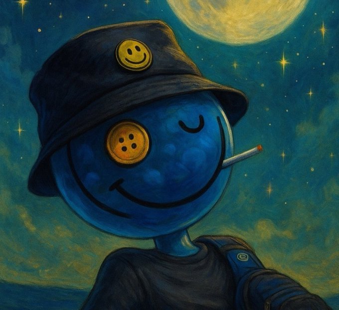 An illustrated painting depicts a blue, spherical-headed character with a smiley face button, smoking a cigarette while wearing a black bucket hat and shirt under a starry night sky with a large moon.