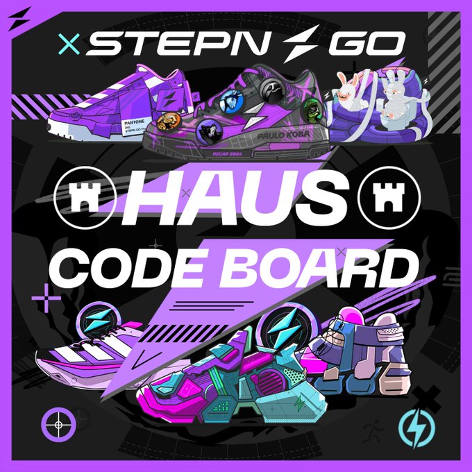 A promotional graphic for STEPN GO x HAUS Code Board featuring various colorful digital sneakers and athletic shoes in purple, black, and teal color schemes on a dark purple background.