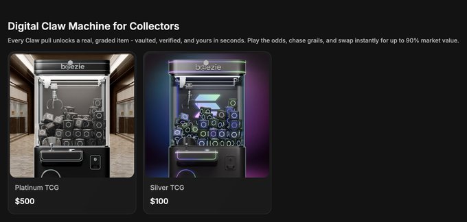 A 'Digital Claw Machine for Collectors' service page by bleezie, offering 'Platinum TCG' for $500 and 'Silver TCG' for $100, described as a system where every pull unlocks a real, graded collectible item.